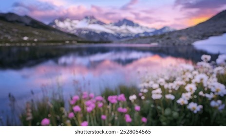 Blurred background of a tranquil mountain lake reflects the serene beauty of snow capped peaks at sunset, surrounded by vibrant blooming flowers for a picturesque landscape. - Powered by Shutterstock