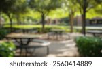 Blurred Background of Tranquil outdoor park setting with picnic tables surrounded by lush greenery and sunlight filtering through trees. Blurry Background For Design Projects.