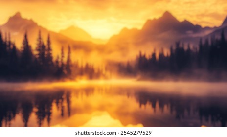 Blurred background of a tranquil sunrise illuminates a misty mountain range, casting soft light over serene waters. this beautiful scene captures the essence of nature's peaceful moments. - Powered by Shutterstock