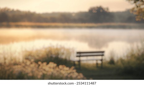 Blurred background of tranquility of a foggy morning by a secluded lake, where soft golden light illuminates the serene landscape and inviting bench. - Powered by Shutterstock