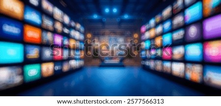 Blurred background TV show and movie icons on blue background streaming media service digital entertainment technology interface