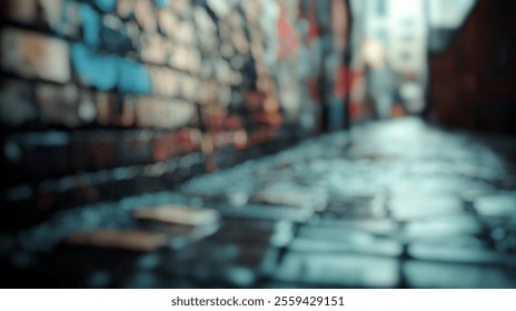 Blurred Background of Urban alleyway with wet cobblestones and vibrant graffiti art on brick walls in a moody cityscape environment. Blurry Background For Design Projects. - Powered by Shutterstock