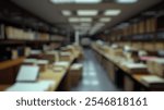 Blurred background of vast archive of organized documents in modern office setting showcasing rows of neatly stacked papers and storage solutions in a professional environment