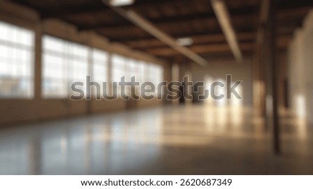 Blurred background of a vast empty industrial warehouse featuring large windows that allow natural light to fill the space, perfect for various creative projects or events. bright and versatile.
