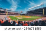 Blurred background of vibrant atmosphere of a modern baseball game with players in action against a bright park backdrop, showcasing sports excitement and community.