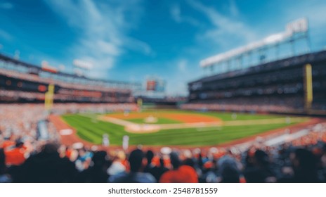 Blurred background of vibrant atmosphere of a modern baseball game with players in action against a bright park backdrop, showcasing sports excitement and community. - Powered by Shutterstock