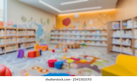 Blurred background of a vibrant children's library section bursting with color, designed for young readers and play. perfect for promoting creativity, learning, and engagement in a fun environment. - Powered by Shutterstock