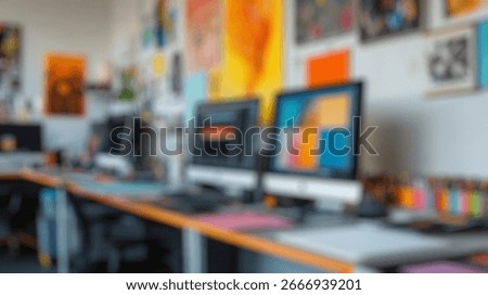 Blurred background of a vibrant creative design workspace showcases computers and art supplies, highlighting a modern office environment filled with colorful artwork and organized stationery.