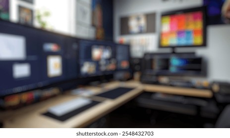 Blurred background of a vibrant creative workspace featuring multiple monitors, artistic supplies, and a modern desk setup that inspires productivity and creativity. - Powered by Shutterstock