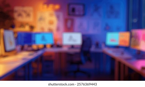 Blurred background of vibrant creative workspace featuring multiple monitors and inspiring artwork. ideal for showcasing design and innovation in a modern, collaborative environment.