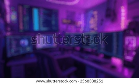 Blurred background of a vibrant and creative workspace featuring multiple monitors lit with purple leds, perfect for programmers, gamers, and tech enthusiasts seeking inspiration and productivity.