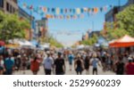 Blurred background of a vibrant downtown street festival filled with people enjoying the festivities. colorful decorations and lively activities create an energetic atmosphere.