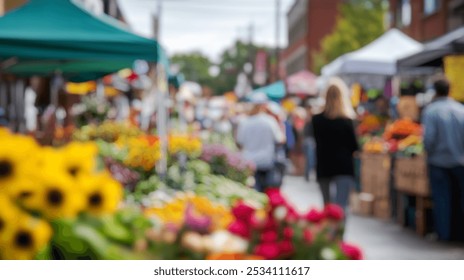 Blurred background of vibrant farmers market filled with colorful stalls displaying fresh produce and flowers, creating a lively and inviting atmosphere for shoppers. - Powered by Shutterstock