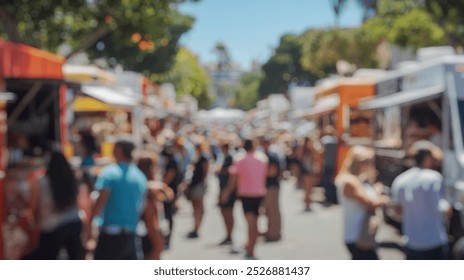 Blurred background of a vibrant food truck festival fills a lively street with a bustling crowd enjoying delicious meals, sunshine, and a festive atmosphere of community engagement. - Powered by Shutterstock