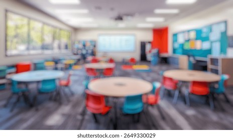 Blurred background of a vibrant and interactive middle school classroom in australia, designed for collaborative learning and flexible student engagement with colorful seating and modern resources.