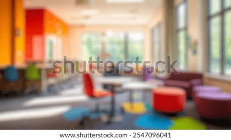 Blurred background of a vibrant and inviting learning space designed for creativity and collaboration, featuring modern furniture, bright colors, and a spacious layout perfect for group activities.