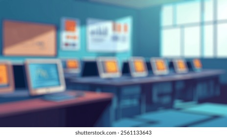 Blurred background of a vibrant and modern classroom setup featuring several computer stations, designed for data analysis and learning, illuminated by natural light from large windows.