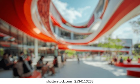 Blurred background of a vibrant and modern high school campus showcasing innovative architectural design, lively outdoor spaces, and energetic student engagement. - Powered by Shutterstock