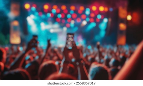 Blurred background of a vibrant outdoor concert scene captures a dynamic crowd in an amphitheater, with hands raised and phones in the air, enjoying the energy and lights of the performance. - Powered by Shutterstock