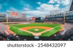 Blurred background of a vibrant panoramic view of a baseball stadium captured just before a game, showcasing the meticulously maintained field and eager fans in anticipation.