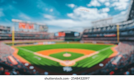 Blurred background of a vibrant panoramic view of a baseball stadium captured just before a game, showcasing the meticulously maintained field and eager fans in anticipation.