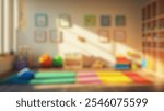 Blurred background of a vibrant preschool classroom bathed in sunlight, featuring colorful mats, educational toys, and art supplies that promote creativity and engagement among young children.