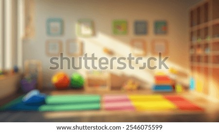 Blurred background of a vibrant preschool classroom bathed in sunlight, featuring colorful mats, educational toys, and art supplies that promote creativity and engagement among young children.