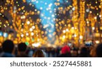 Blurred background of a vibrant scene of a busy avenue adorned with festive lights during the holiday season. crowds gather, celebrating the joy and excitement of winter festivities.