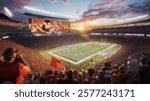 Blurred background of a vibrant scene captures the energy of a packed football stadium at sunset, showcasing an exciting atmosphere filled with enthusiastic fans and lively colors.