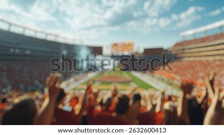 Blurred background of a vibrant scene showcasing enthusiastic fans during halftime at a football stadium. the energetic crowd and stunning sky create an exhilarating atmosphere.