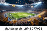 Blurred background of a vibrant soccer stadium filled with enthusiastic fans cheering passionately for their team, showcasing the lively atmosphere of a major sporting event.