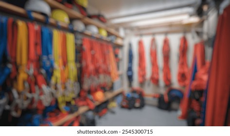 Blurred background of a vibrant storage area showcasing an array of climbing gear including harnesses, helmets, and ropes, designed for safety and outdoor adventures. perfect for climbing enthusiasts. - Powered by Shutterstock