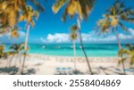 Blurred background of vibrant tropical beach scene featuring soft white sands and swaying palm trees. the idyllic landscape promises relaxation and a perfect getaway.