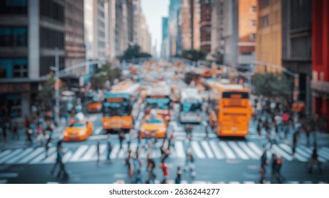 Blurred background of a vibrant urban intersection bustling with activity during morning rush hour, featuring people crossing the street amid a sea of vehicles and towering skyscrapers.