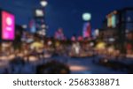 Blurred Background of Vibrant Urban Night Scene with Bright Lights, Colorful Signs, and Busy Pedestrian Plaza in a Modern Cityscape. Blurry Background For Design Projects.