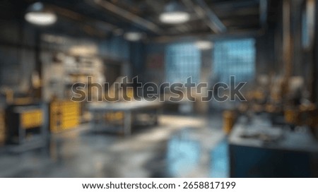 Blurred background of vibrant workshop features well-organized tools, ample workspace, and natural light, creating an inviting environment for creative projects and hands-on activities.