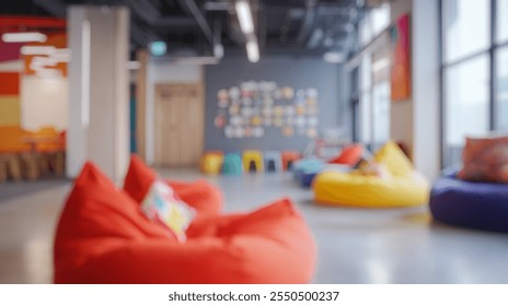 Blurred background of a vibrant workspace featuring colorful bean bag chairs creates a dynamic and inviting atmosphere for creativity and collaboration in a modern office setting. - Powered by Shutterstock