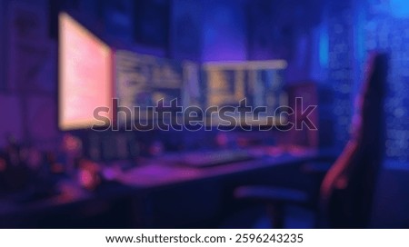 Blurred background of a vibrant workspace featuring dual monitors filled with colorful code, ideal for illustrating programming, technology, and modern office environments.
