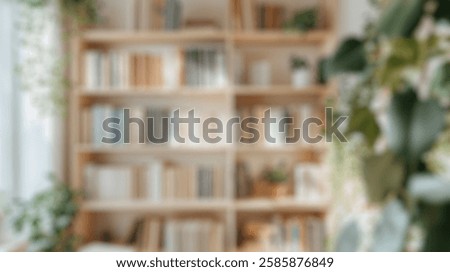 Blurred background of a warm and inviting bookshelf showcases a collection of neatly arranged books, surrounded by lush green plants, making it an ideal spot for reading and relaxation.