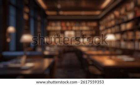 Blurred background of a warm and inviting library filled with books, cozy tables, elegant lamps, and rich wood accents, perfect for reading, studying, or relaxing in an upscale setting