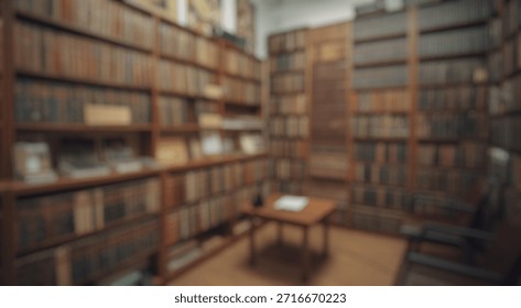 Blurred background of a warm and inviting reading room filled with antique books on wooden shelves, creating a peaceful atmosphere for reading and studying in a cozy setting.
