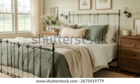 Blurred background of a warm and inviting rustic farmhouse bedroom featuring a charming mix of natural elements, soft textiles, and cozy decor. perfect for serene retreats.