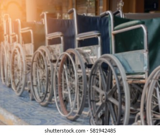 Blurred background Wheelchair for hospital patients. Equipment Facilities.
