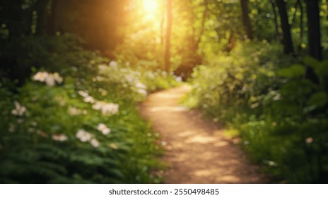 Blurred background of a winding dirt trail leads deeper into a vibrant forest. bathed in warm sunlight, the path invites exploration among lush greenery and delicate flowers. - Powered by Shutterstock