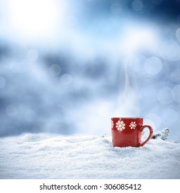 Blurred Background Of Winter Frost And Mug 