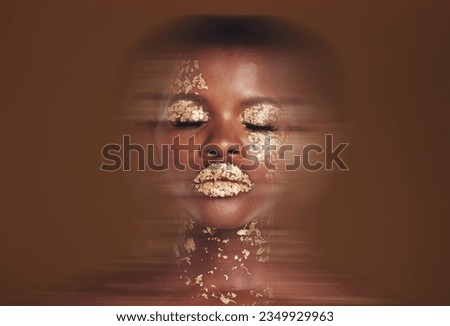 Blurred beauty, black woman with gold makeup and brown background, glitter paint or cosmetics. Shine, glow and art, face of African model in studio for fashion and aesthetic motion in luxury skincare