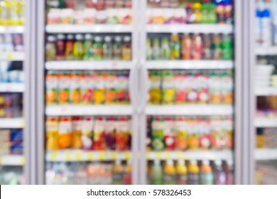 Blurred Beverages Drinks Shelf Refrigerator In The Supermarket