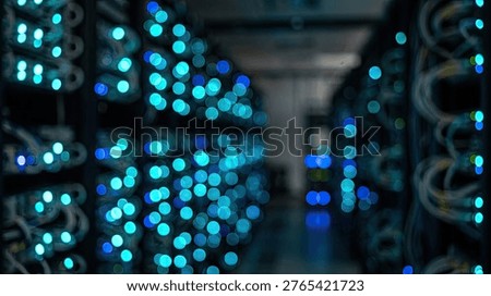 Blurred blue lights create an abstract pattern in a dimly lit server room, suggesting technology and data flow.
