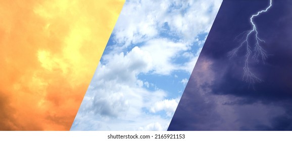 blurred blue sky with clouds, dramatic stormy sky with dark clouds, lightning flashes over the night sky, heat wave. Concept on the theme of weather forecast, photo collage, natural basis for designer - Shutterstock ID 2165921153