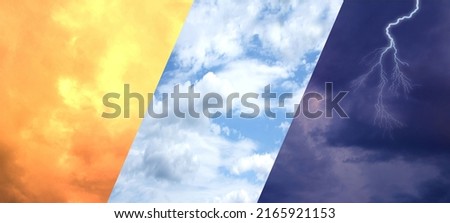 blurred blue sky with clouds, dramatic stormy sky with dark clouds, lightning flashes over the night sky, heat wave. Concept on the theme of weather forecast, photo collage, natural basis for designer